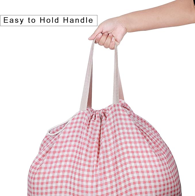 Extra Large Laundry Bag with Drawstring and Handle, Heavy Duty Travel Dirty Clothes Bag for Laundromat and Household, Durable Rip-Stop Laundry Hamper Liner, 28 x 40 Inch, Check Pink