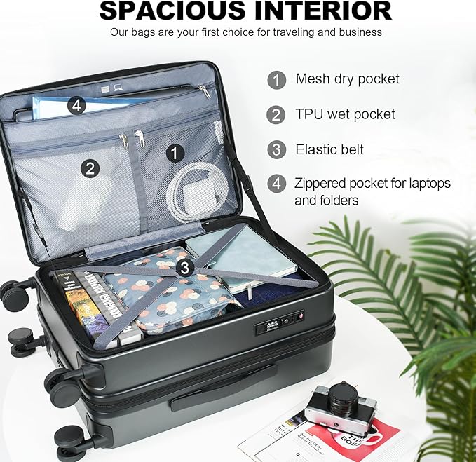 KROSER Carry On Luggage with Spinner Wheels & Built-in TSA Lock, Expandable Top Opening Hard Shell Suitcase Large Capacity Durable Rolling Luggage with USB Port, Carry-On 20-Inch, Steel Grey