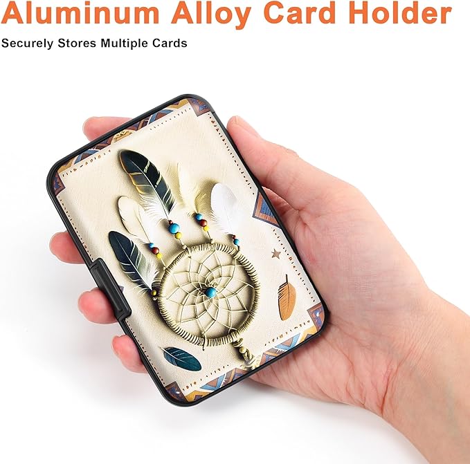 Mayski Credit Card Holder, RFID Blocking, Aluminum Alloy Hard Case, Small Mini Business Metal Wallet for Women Men, Boho Feathers