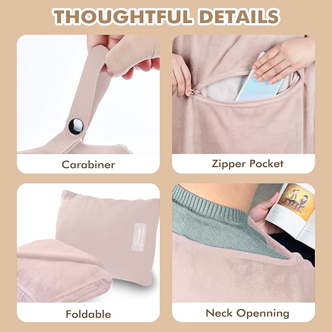 Tirrinia Travel Blanket Airplane Office Poncho 4 in 1 Premium Cozy Fleece Portable Poncho Blankets with Built-in Bag, Pocket