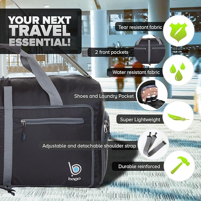 Bago Medium Duffle Bag for Travel Women & Men. Durable Lightweight Foldable Travel Duffel Bags For Traveling Women. 60L Duffle Bags For Overnight Bag With Shoe Compartment Collapsible Weekender duffel