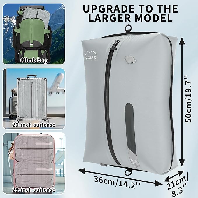 ONTYZZ Vacuum Bags for Travel, Reusable Vacuum Compression Bag, Recycled IPX8 Waterproof Space Saver Bag for Luggage/Camping/Home Storage (2 Pack with Air Pump-Grey)