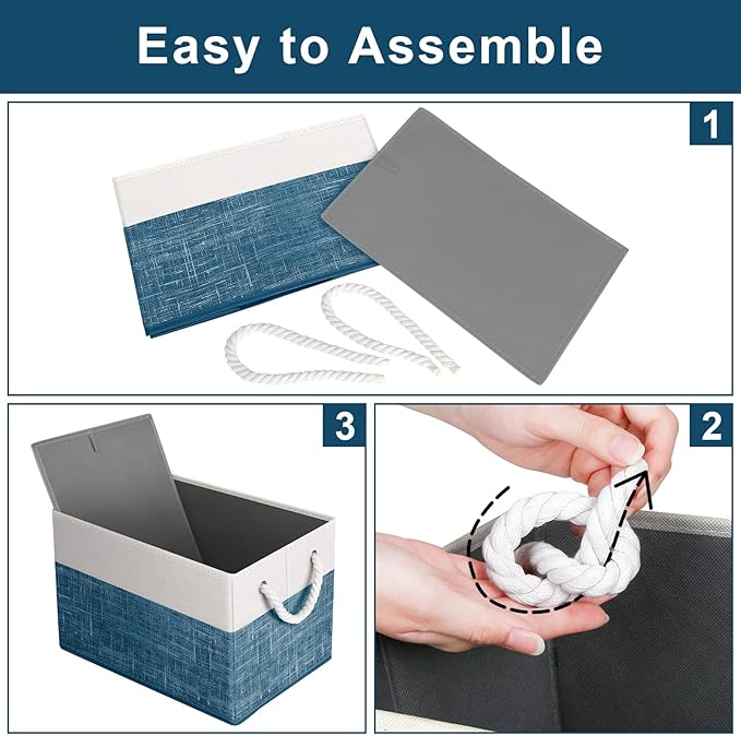 Fab totes Storage Bins [2-Pack], Foldable Storage Baskets for Organizing Toys, Books, Shelves, Closet, Large Storage Box with Rope Handles, Sturdy Organizer Bins, White & Blue