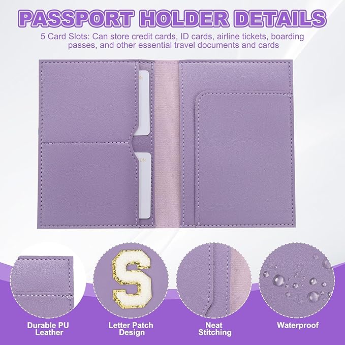 PATIKIL Passport Holder for Travel, Initial Passport Cover and Luggage Tag Set with Alphabet Chenille Letter Patch Travel Wallet Bag Suitcase Identifier for Women Family Travel Purple S