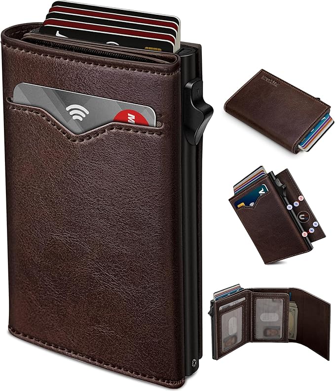 miyozi Wallet for Men,with Cash Pocket 2 ID Window 9-13 Cards,Metal Case Smart Slim Pop Up Credit Card Holder Flip with Magnetic Closure RFID Blocking Trifold wallet with Gift Box