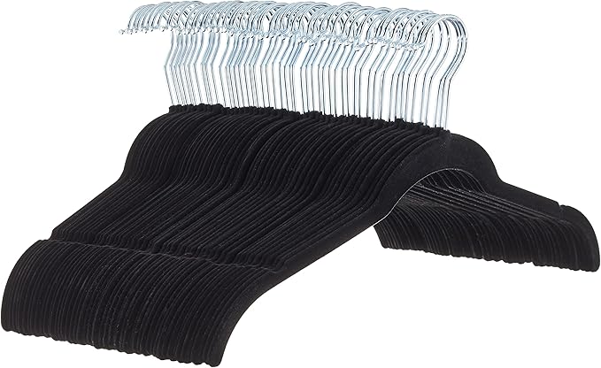 Amazon Basics Space-Saving Slim Velvet Non-Slip Clothes Hangers for Closet Organization, Sturdy with Shoulder Notches, Black, 50-Pack
