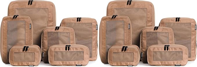 Aerotrunk Compression Packing Cubes for Travel - Luggage Organizer Bags - Double Zipper Packing Cubes for Suitcases (12-Pack, Mocha)
