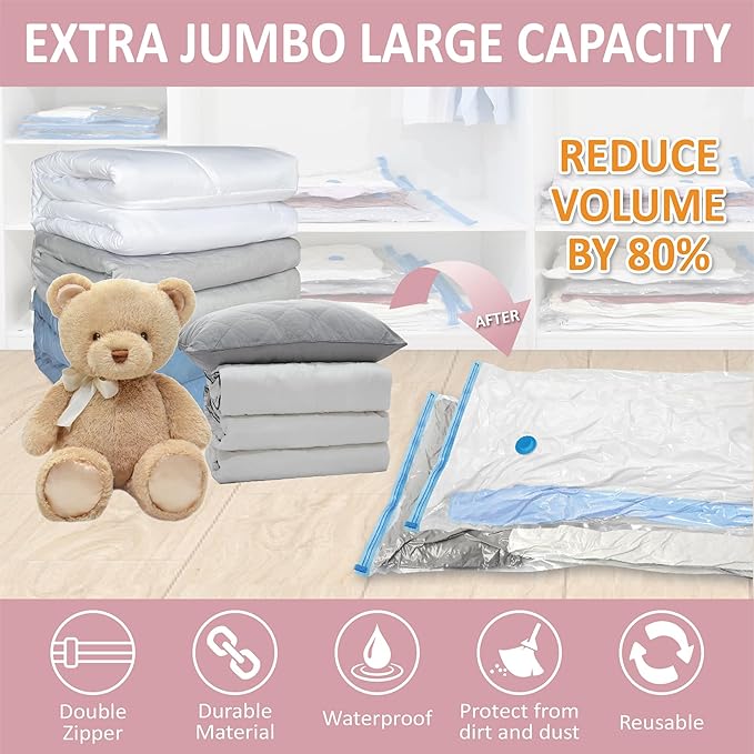 Cozy Essential Vacuum Storage Bags, 80% Compression Vacuum Seal Space Saver Plastic Packaging Bags for Clothes, Blankets, Pillow, Bedding, Comforters, Sealer Clothing Storage,6 XXL Jumbo