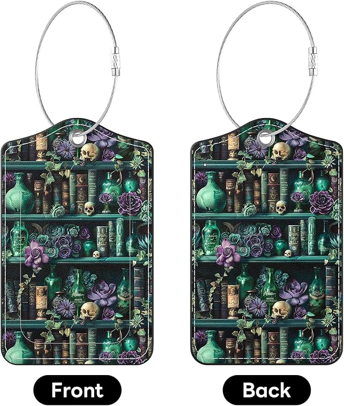 2 Pack PU Leather Luggage Tags for Suitcases, Privacy Protection Cover with Stainless Steel Loop and Address Card, Travel Cruise Essentials (Bookshelf)