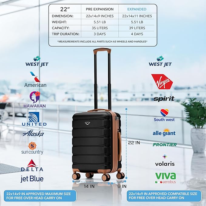 Flight Knight 22x14x9 Expandable Carry On Suitcase Hardside TSA Lock USB C Port Lightweight Luggage Silent Double Spinner Wheels Maximum Overhead Carry-On Bag American United Approved Black/Tan