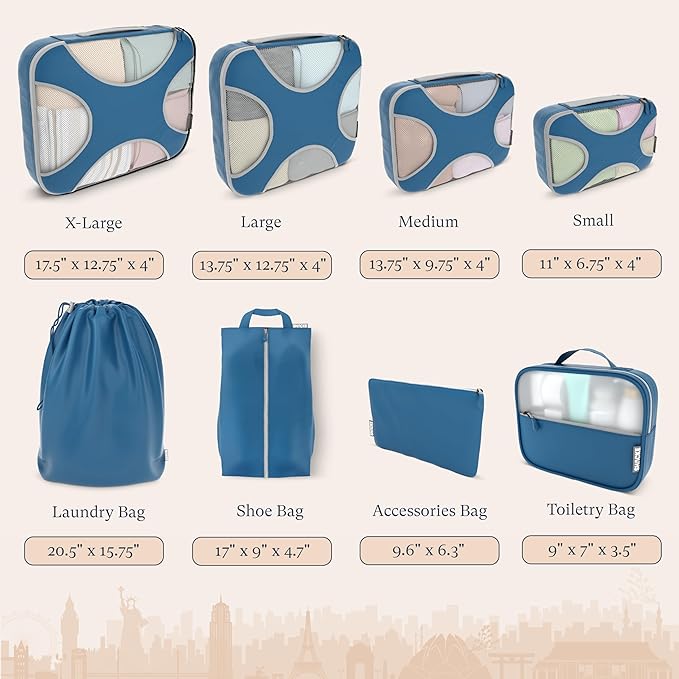 Shacke Packing Cubes for Travel 8 Set - Compression Luggage Organizer Bags - Versatile Travel Organizer for Women and Men - Optimized Packing Bags - Travel Essentials (Navy Blue)