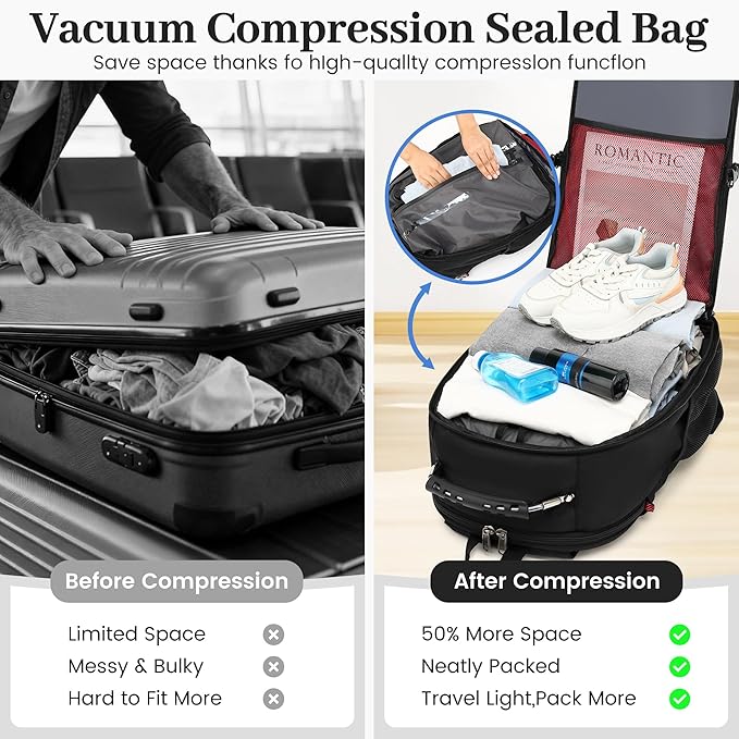 Boavan Vacuum Seal Backpack for Travel with Pump, 55L Large Bag with Zipper‑Off Detachable Vacuum Compression Bag Waterproof Carry On Large Travel Bag for Airline，Bags and Backpack Used Independently