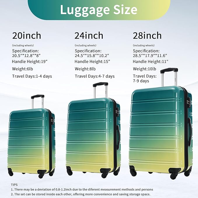 Merax Suitcase Set, Hardshell Luggage Sets 3 Piece with Spinner Wheels, Expandable Gradient Color Suitcase with TSA Lock Lightweight 20" 24" 28",Green and Yellow
