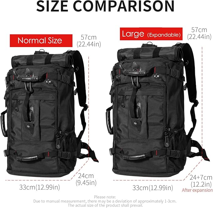 Large Capacity For Travel Hiking Sports Carry On Backpack Durable Convertible Duffle Bag Laptop airplane (BLack, 45L-Normal)