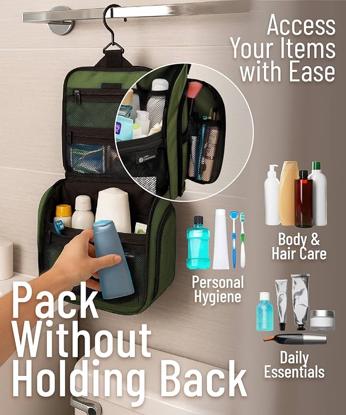 D&D Wanderlust D&D Hanging Travel Toiletry Bag for Men and Women – Cosmetics, Makeup and Toiletries Organizer Kit with 10 Compartments