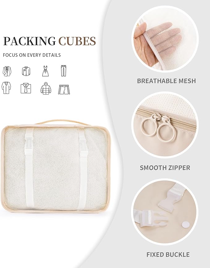 Packing Cubes 11 PCS, Mesh Breathable Luggage Organizers Bags, Packing Organizers, Durable Travel Essentials Bags Set, Travel Packing Organizers,Beige