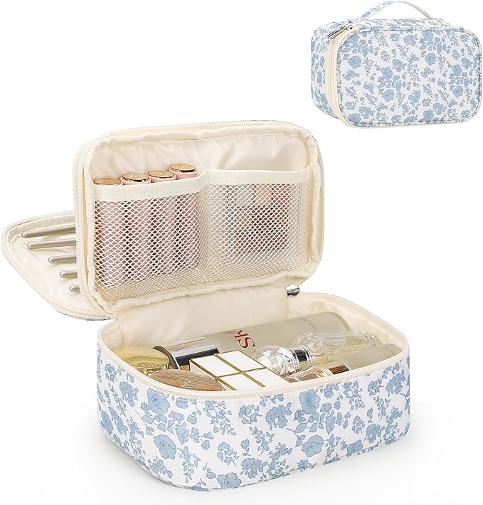 Relavel Travel Makeup Bag, Small Floral Cosmetic Bag with Makeup Brush Compartment, Portable Makeup Pouch for Women, Double Layer Makeup Organizer Bag Cute Toiletry Bag