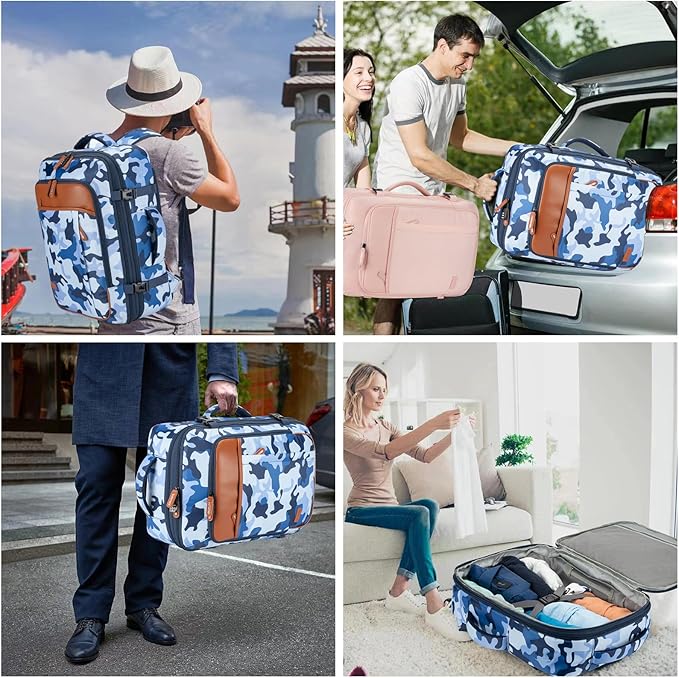 Lumesner Carry on Travel Backpacks, Extra Large 40L Flight Approved for Men & Women,Expandable Suitcase backpack (Camouflage Blue(Backpack With 4 Packing Cubes))