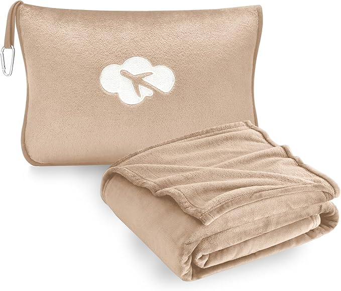 Travel Blanket and Pillow Compact, Premium Soft 2 in 1 Airplane Blanket with Soft Bag Pillowcase，Hand Luggage Sleeve and Backpack Clip (Brown)