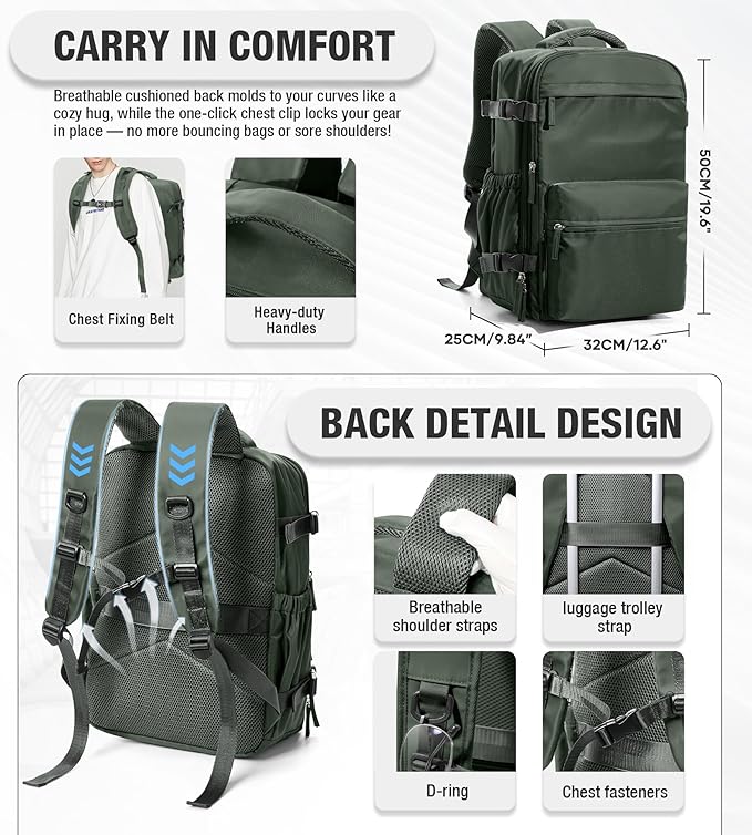 VECAVE Vacuum Travel Backpack with Pump for Women, Personal Item Carry on Backpacks Flight Approved for Men,Laptop Waterproof Work Compression bags Casual Daypack(Green)