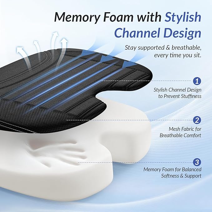 ZIKEE All-Season Car Seat Cushion for Comfortable & Safe Driving, Breathable Seat Cushion for Car with Ventilated Channel & Mesh Cover, Memory Foam for Sciatica, Tailbone & Back Pain Relief, Anti-Slip