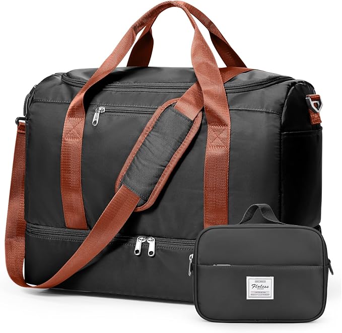 Travel Duffel Bag for Women, Carry-on Overnight Weekender Bags with Wet Pocket & Toiletry Bag, For Spirit Airlines 18x14x8 Personal Item Bag,Small,Black & Brown