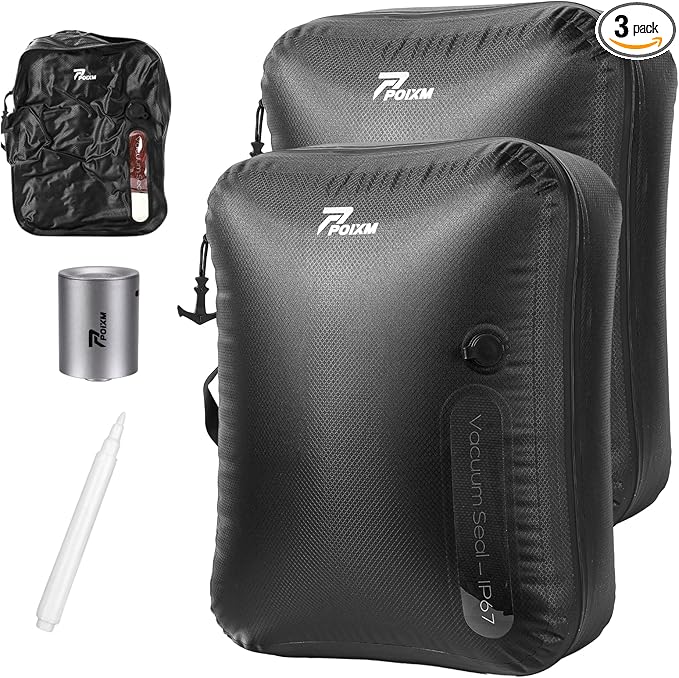 Vacuum Bags for Travel with Wireless Pump, 180° Open Zipper, IP67 Waterproof, Reusable Space Saver Compression Bags for Backpack, Suitcase, Home Storage(2 Pack + Pump)