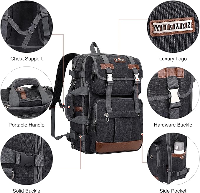WITZMAN Canvas Travel Backpack for Men Large Laptop Backpack Fit 16 inch Carry-on Airline Approved Convertible Shoulder Rucksack(A6617-3 Black)