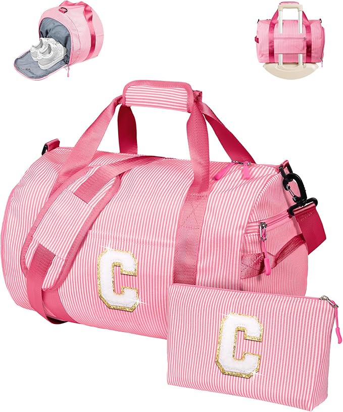 Teen Girl Gifts Trendy Stuff, Girls Travel Duffle Bag, Kids Initial Overnight Bags with Shoe Compartment, Personalized Weekend Bag with Makeup Pouch, Pink Gift for Teenager (Letter C)