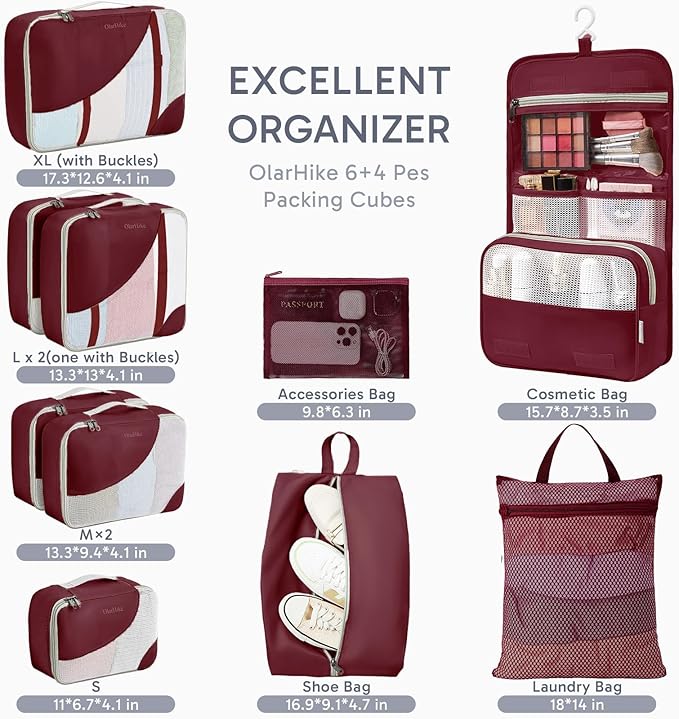 10 Set Packing Cubes for Travel, Gifts for Women Mom,Anti-Tearing Suitcase Organizer for Luggage with Shoe & Hanging Toiletry Bag,OlarHike Vacation Essentials & Accessories for Cruise Ship