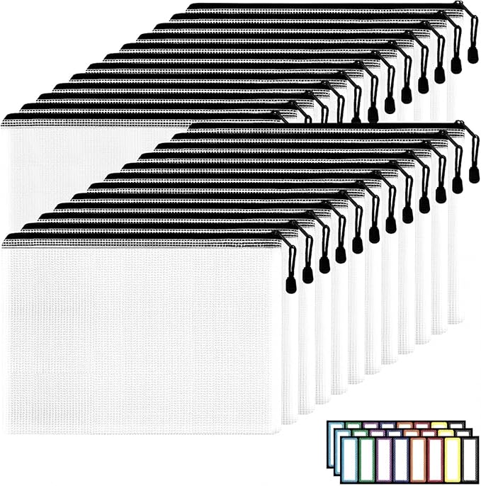 EOOUT 24pcs A4 Zipper Pouch Bags, Mesh Pouch Bags with Labels for Board Games & Puzzles Supplies, Waterproof Document Zipper Cases for School Toys Office Cosmetics Travel Storage,Black