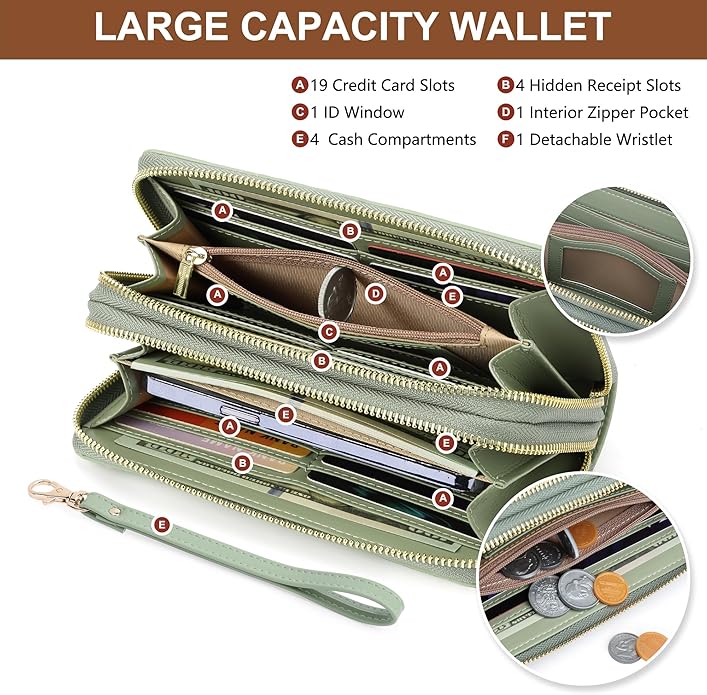 yiijay Womens Wallet RFID Blocking Large Capacity Vegan Leather Double Zip Wristlet Wallet Card Holder Travel Ladies Clutch