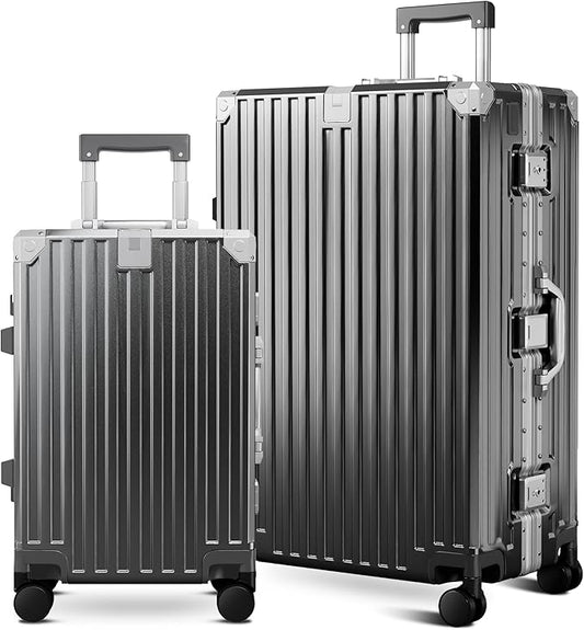 ALPHA CAMP 2 Piece Luggage Sets With Dual Layer Aluminum Frame, TSA Locks, 3-Layer PC 20" Carry-on 28" Checked Lightweight Hardside Zipperless Travel Suitcase Sets, Type-C USB Charging Port