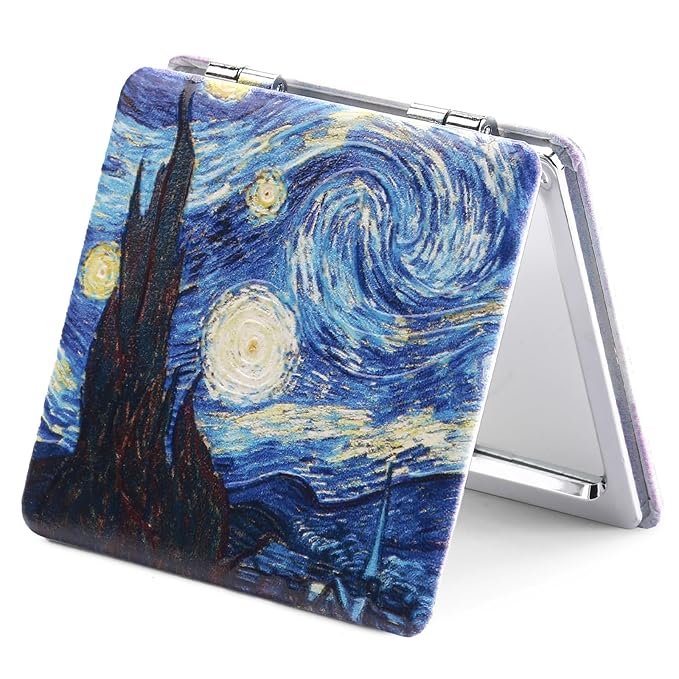 OMIRO 1X/3X Magnifying Mirror, Unique Painting Compact Mirror with Classical PU Leather (Starry Night)