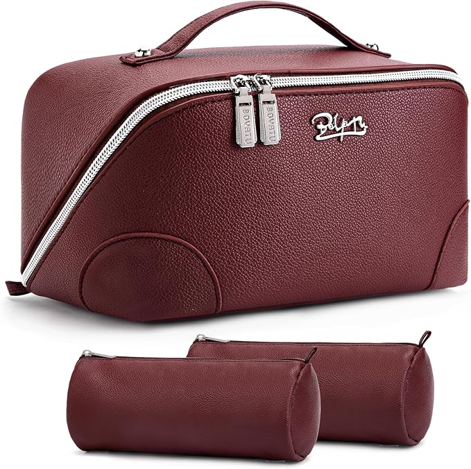 BOYATU Travel Makeup Bag Cosmetic Bags for Women: 3 Pcs Set Large Capacity Make up Bag with Handle - Waterproof Vegan Leather Toiletry Bags Travel Essentials with Compartments(C-5-Red)