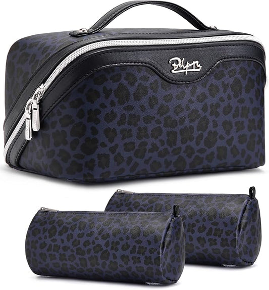 BOYATU Travel Makeup Bags Cosmetic Organizer Bag: 3 Pcs Set Large Capacity Make up Bag with Compartments - Waterproof Leather Toiletry Bags with Handle for Women (B-Blue)