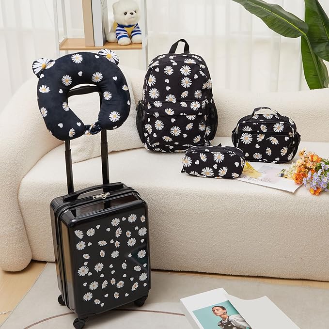 Redbaker 17 Inch 6 Pcs Kids Luggage Set Kids Rolling Luggage Double Pattern Suitcase for Boys Girls (Black, Daisy Style)