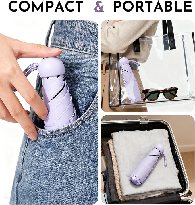 Travel Mini Umbrella Compact Small & Lightweight, UV Rain Protection, Pocket-Sized Folding Umbrellas with Quickdraw & Case for Men Women & Kids Backpack