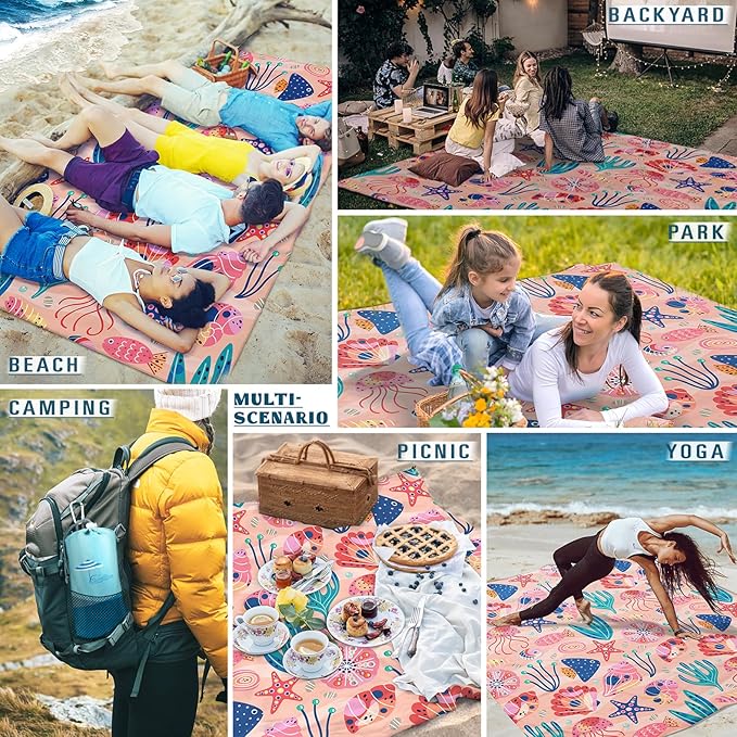 Beach Blanket Sandproof Waterproof 78''×81''1-5 Adults Oversized,Compact Lightweight Durable Beach Mat for Travel Camping Hiking Picnic Blanket