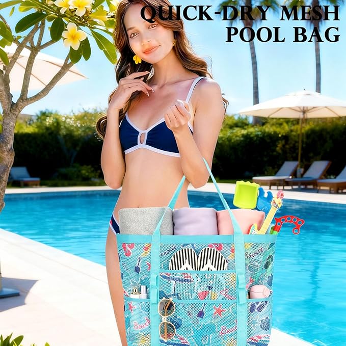 Fammart Mesh Beach Bag, Large Beach Tote with Zipper Pocket, Toys Pool Bag for Family Travel Vacation Cruise Essentials