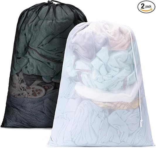 2 Pack Mesh XL Laundry Bags,Machine Washable Dirty Clothes Organizer with Drawstring and ID Tag, Large Laundry Hamper Liner Enough to Laundry Essentials forTravel(24"x 36",Black+White)