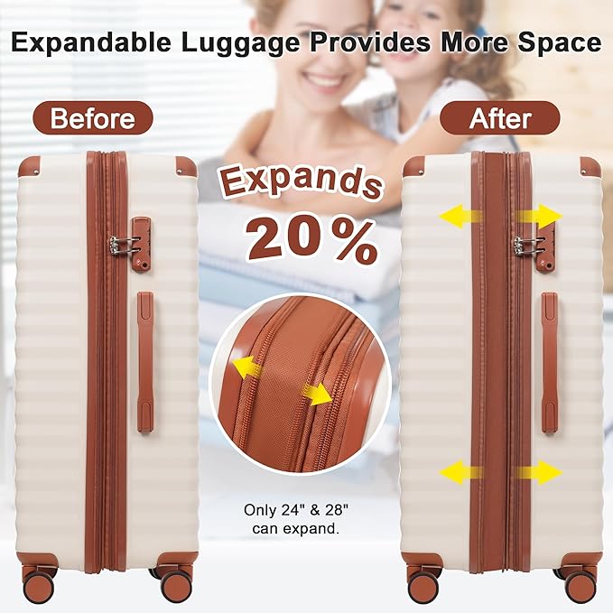 Merax Luggage Sets 5 Piece,Front Open Hardshell Expandable Suitcase with Spinner Wheels and Duffel Bags,Lightweight Carry on Luggage with USB Port and Cup Holder,20/24/28IN,White and Brown