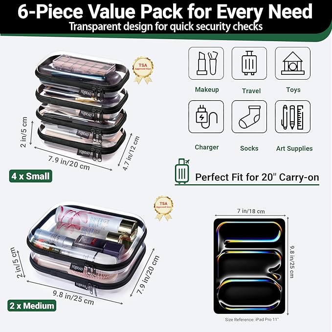 YQBRAO 6 Pack Clear Hard Shell Zipper Case, Hard Plastic Organizer Pouches for Travel, Small Items, Makeup, Electronics & Art Supplies - Crush-Resistant & Waterproof Storage (Black)