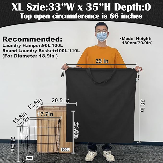 Canvas Laundry Bag 33"Wx 35"H, Thick Canvas Laundry Bag with Handles & Drawstring, Extra Large Heavy Duty Washable Basket Liner Hamper Liner Storage Sack (XL Black)