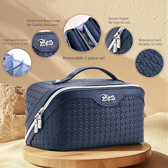 BOYATU Travel Makeup Bag Cosmetic Bags for Women: Large Capacity 3 Pcs Set Make up Bag with Compartments - Waterproof Vegan Leather Toiletry Organizer Bags with Handle (L40 Blue)