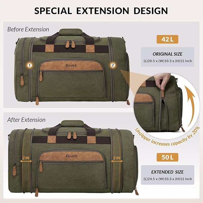 Canvas Duffle Bag for Travel 50L Expandable Travel Duffel Bags for Men Women Weekender Overnight Bag with Shoes Compartment - Army Green