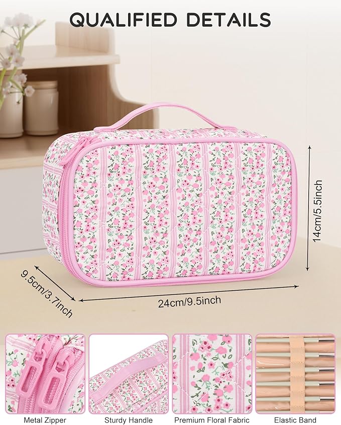 Relavel Cute Makeup Bag for Girls, Portable Pink Cosmetic Bag, Dual-layer Makeup Pouch with Brush Holder, Multi-Functional Preppy Toiletry Organizer for Travel, Daily Use - Pink Flower
