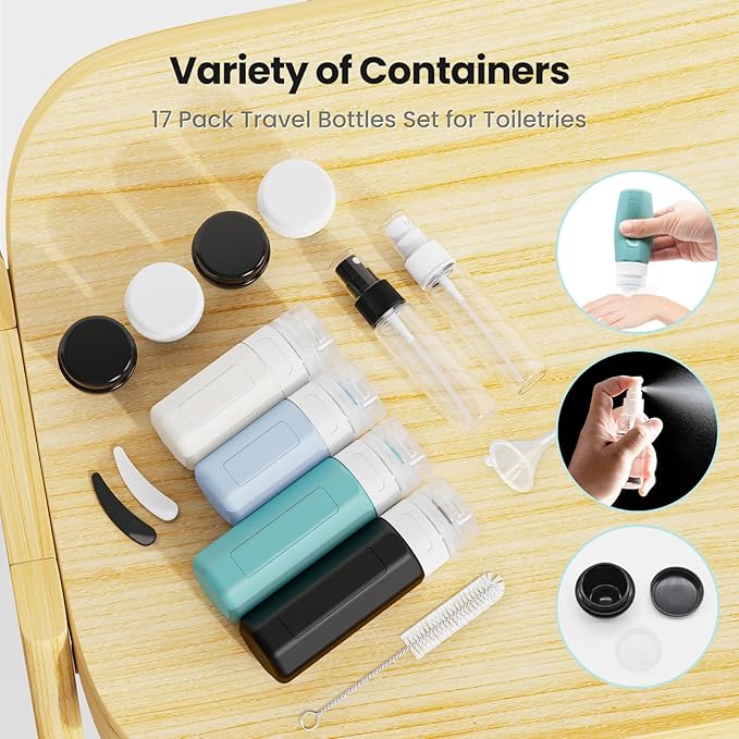 17 Pack Travel Bottles - TSA Approved Travel Size Toiletries, Leak Proof Containers for Toiletries, Silicone Squeezable Container for Shampoo, Body Wash, Lotion & Conditioner - Blue