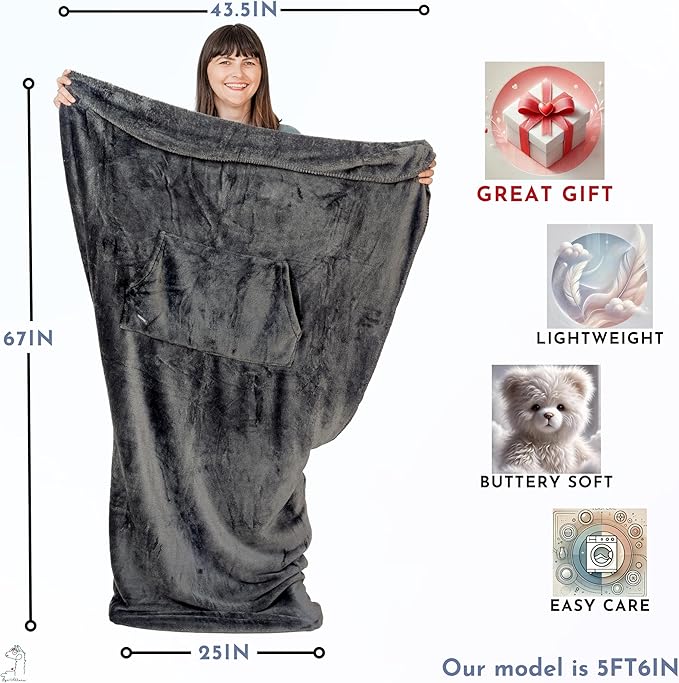Fleece Lightweight Foot Pocket Blanket -Patent Pending- Dorm Gamer Useful Gifts - TV Throw - Gift for Men Who Wants Nothing (Fleece, Velvet Anthracite)
