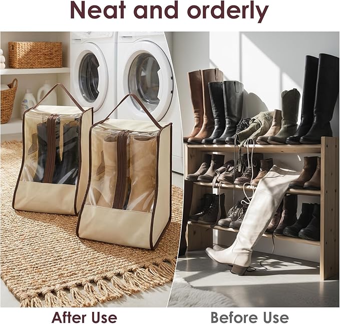 Portable Boots Storage Bag, Beige Dust Proof Boots Protector Carry Bag with Handle Shoe Dust Organizer Packing for Travel and Daily Use(Medium)